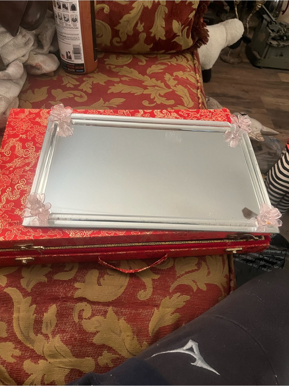Decorative Glass Floral Corner Vanity Tray - Clear Pink